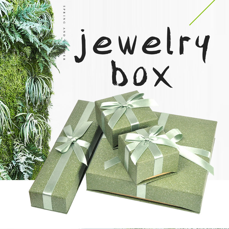 Custom Natural Green Paper Box for Jewelry Packaging with Separated Lid and Ribbon Bow Tie