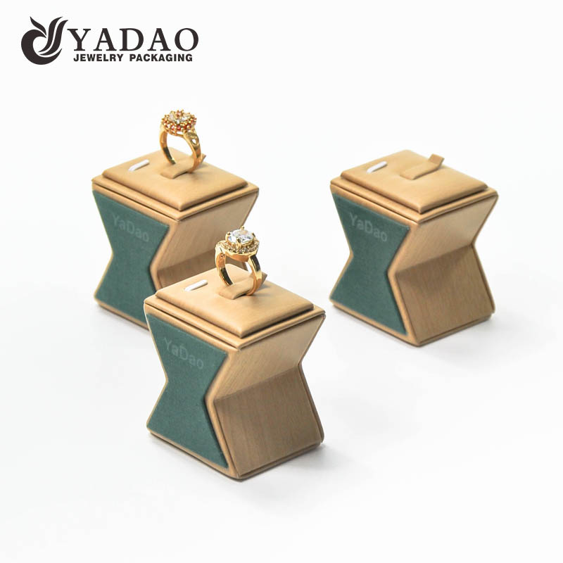Custom made OEM/ODM solid wood ring display with customized shape covered with good microfiber for jewelry showcase and store.