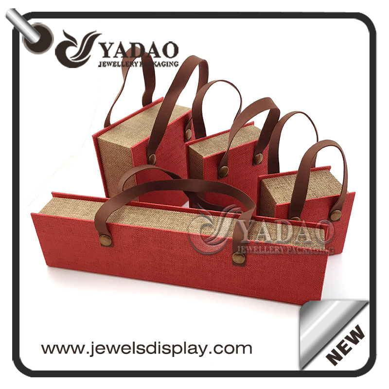 Custom  unique design jewelry gift boxes with linen material  and pu leather string