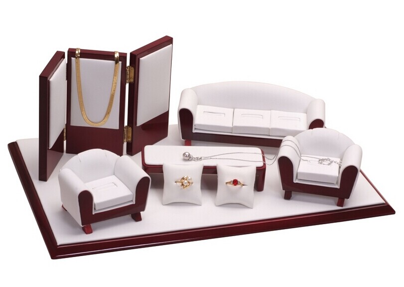 Factory cena bílé a červené PU kožená sedací souprava šperků vystavovatel, držák šperky displej, šperky prezentace podstavec velkoobchodní vyrobené v Číně