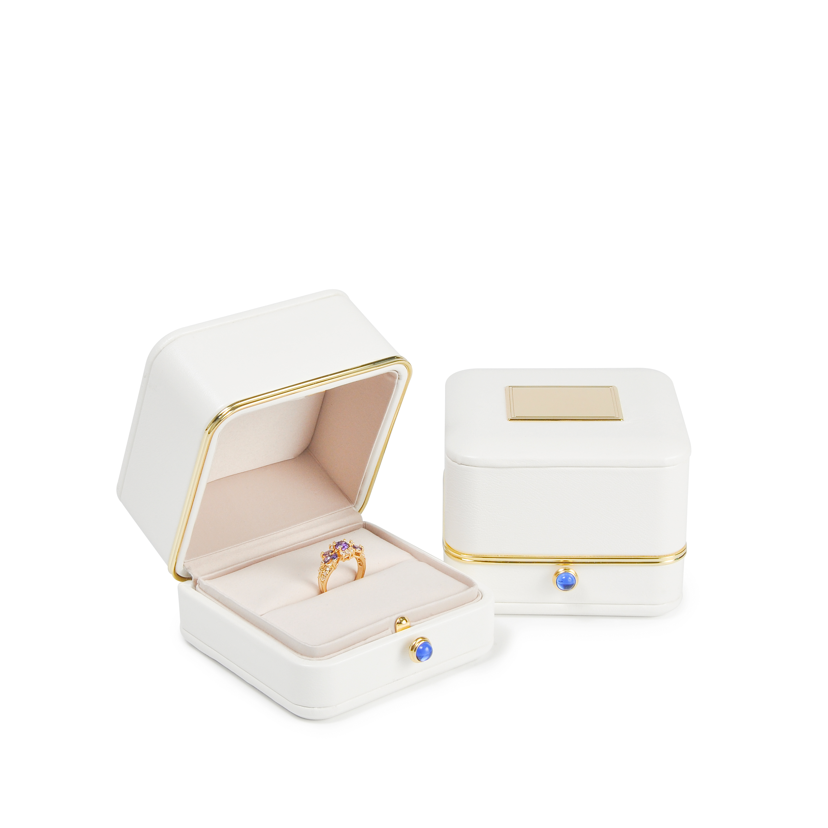 Moda branca caixa de plástico borda de ouro botão anel jóias caixa proposta caixa de anel