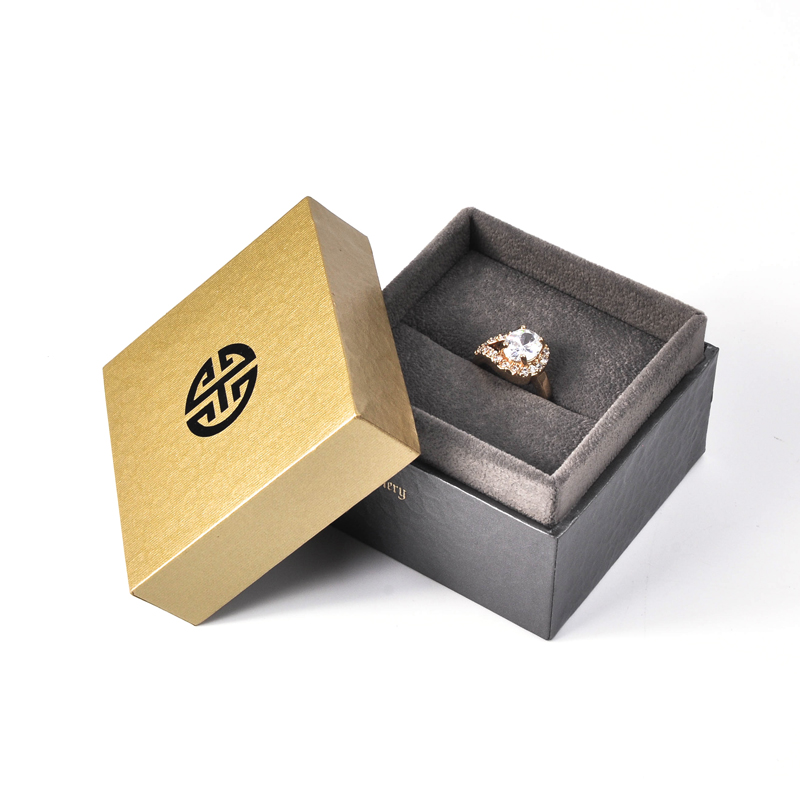 Joyería de plástico de la caja de plástico de la joyería del anillo de color gris dorado cubrió el diseño del logotipo de encargo