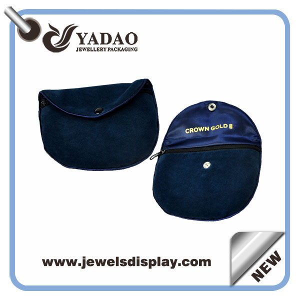 Haute qualité velours bleu sac bijoux pochette avec fermeture éclair et votre logo fabriqués en Chine