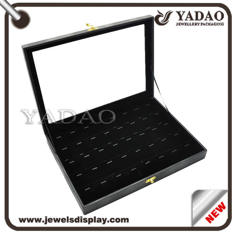 Large capacity special designed wood leatherette locking pendant display tray with transparent lib at top