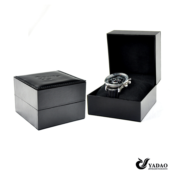 Logotipo personalizado de luxo caixa de embalagem couro preto relógio de papel com travesseiro dentro