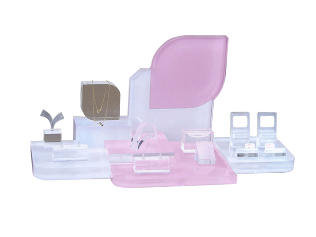 Popular forma bonita licença rosa transparente conjunto exposição acrílica bonito para vitrine para exibir brinco anel colar