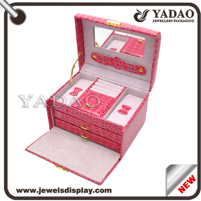 Dodavatel módní šperky Box Dřevěný krytý Balení kůže Papírové krabičky Creative Struktura červená barva přihrádka na šperky nebo luxusní zboží