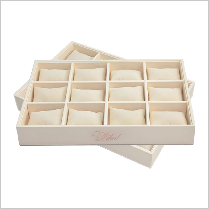 Warm creamy color pu leather display stand wooden jewelry display tray 4*3 pillow tray stackable jewelry display tray