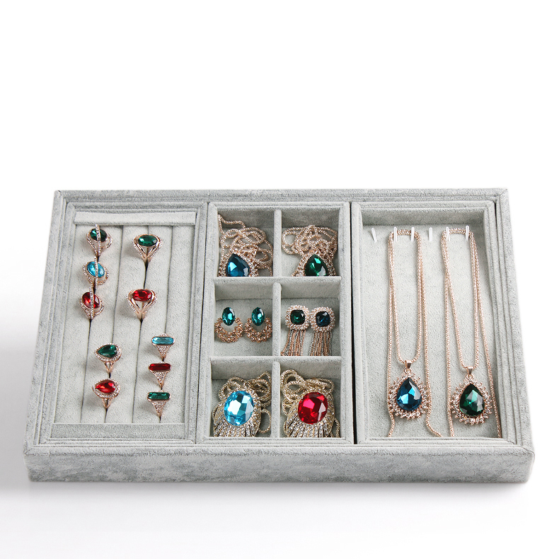 Wholesale economic jewellery exhibitor holder for ring earring and bracelet display used for tradeshow showcase grey velvet jewelry tray
