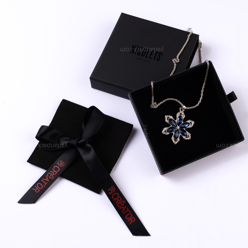 Yadao cool black jewelry packaging box microfiber pouch with ribbon closure to match with popular drawer box