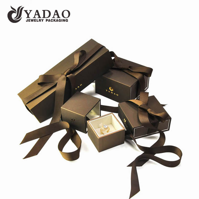 Yadao drawer packaging box brown paper and beige velvet box with ribbon closure and decorated