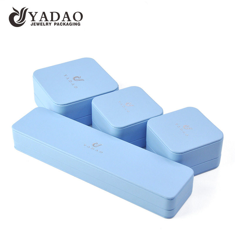 Yadao high quality pu leather jewelry plastic box in light blue color for ring earrings pendant bangle packaging