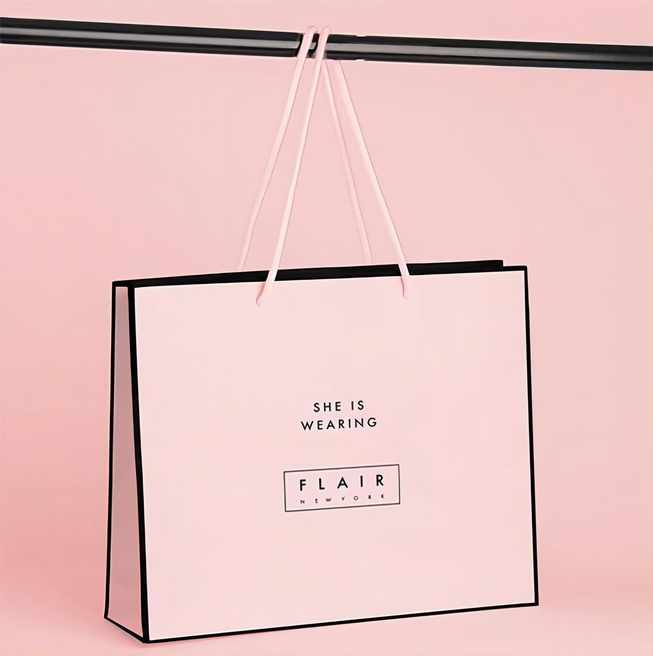 Yadao paper bag pink color shopping bag with same pink color rope handle cmyk printing paper with customized black brand logo for free