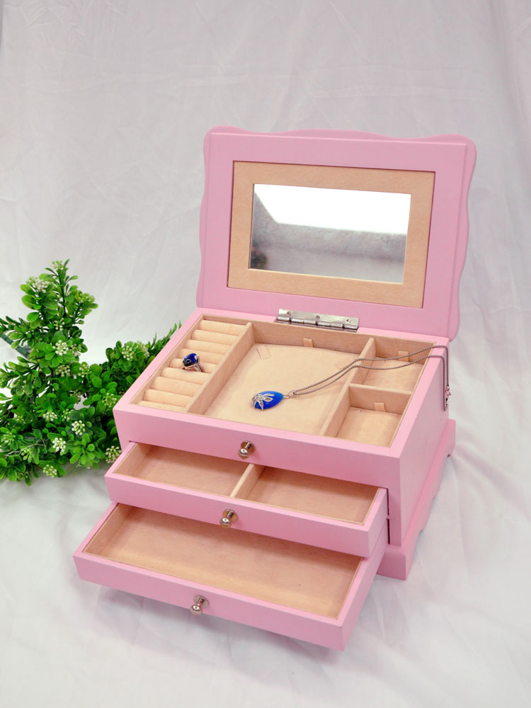 ミラーの美しい漆木製ジュエリー収納ボックス