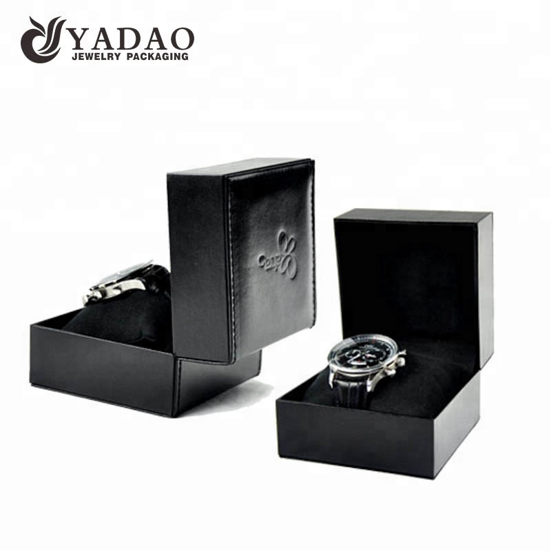 black high end soft pillow debossed logo for free pu leather watch gift packaging box