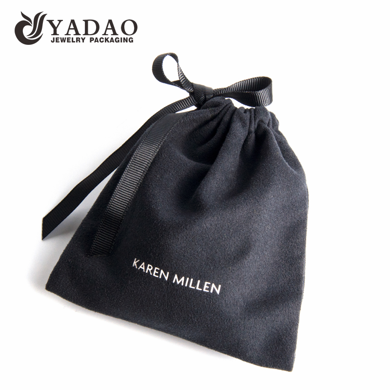 bolsa de camurça preta saco de embalagem de jóias com fecho de corda de fita