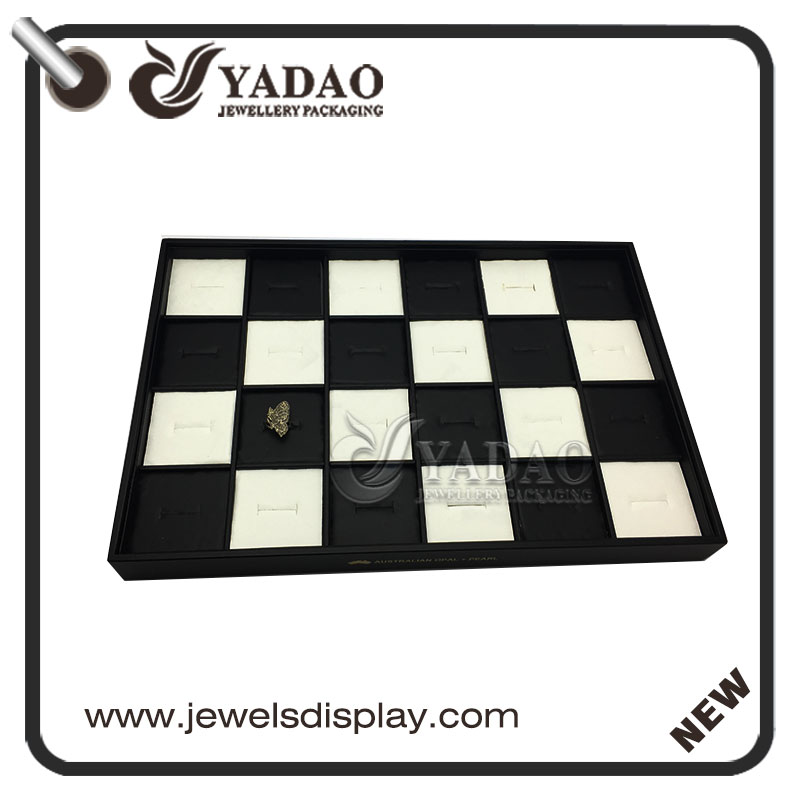 bandeja do anel mostrar combinação preto e branco encantador design da xadrez jóias de madeira bandeja anel visor pu couro