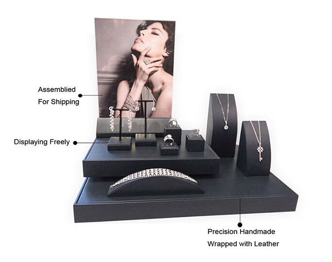 personalizar preto pu jóias de couro balcão expositor de madeira de jóias de loja de exibição da janela estandes