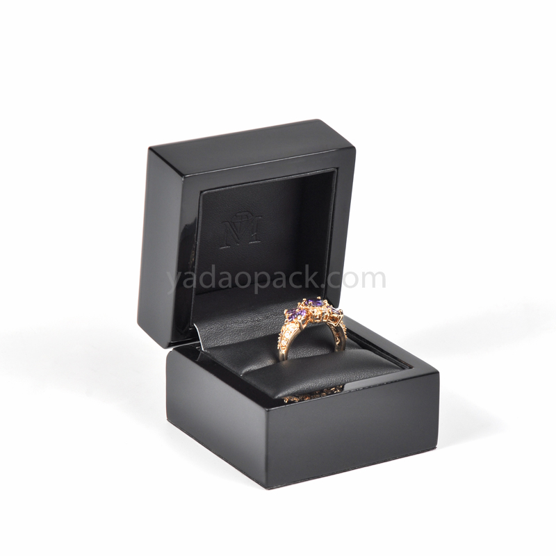 customize glossy lacquer painting wooden ring box slot ring packaging box debossed logo on pu leather internal lid  