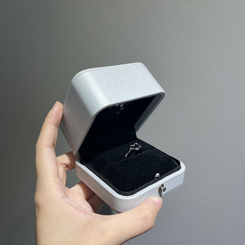 Premium Textured Silver Leather Button Design Ring Box