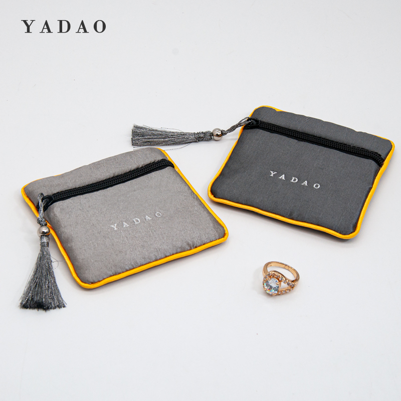 satin pouch bag zipper closure jewelry packaging bag tassels zipper handle gold trim pouch design wholesales