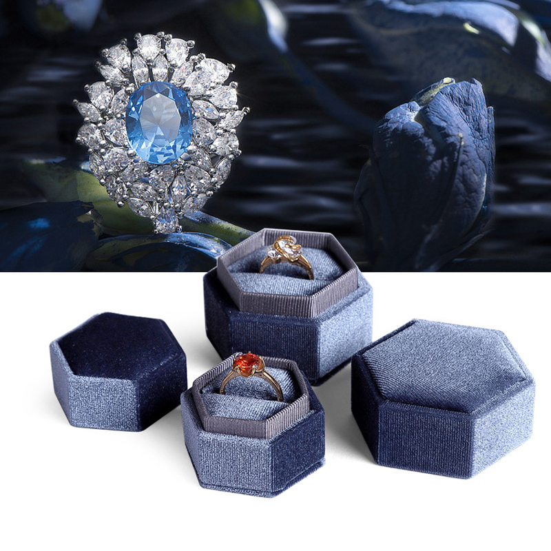 caixa de anel hexagonal de estoque caixa de jóias de veludo caixa de embalagem pendente