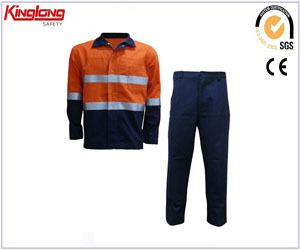 Fornecedor de trajes de trabalho 100% algodão de alta visibilidade, camisa e calças de segurança com fitas refletoras