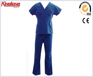 Diseño de uniforme de hospital unisex de color azul, bata de enfermería de tela de algodón de alta calidad