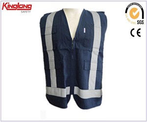 Chaleco azul de tela de algodón para ropa de trabajo a la venta, proveedor de china de chaleco reflectante de trabajo