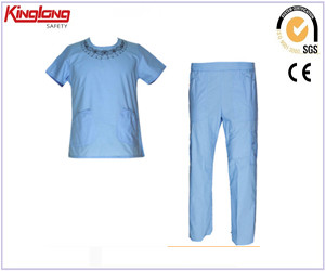 China beautiful and elegant  blue scrub, 65%polyester35%cotton fabric embroidery suits