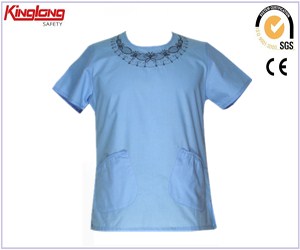 Fresh and elegant  blue scrubs with embroidery butterfly, 65%polyester35%cotton scrubs with chest pockets