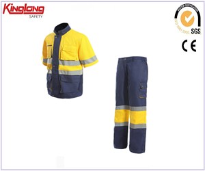 High visibility fuo yellow reflecting suit, chest pockets shirt elastic waist pant suit uniform