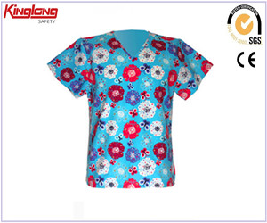 Popular short sleeves flowers top, 65%poly35%cotton fabric printed top