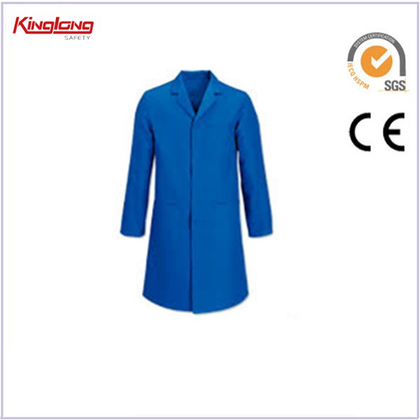 Bata de laboratorio antiácido funcional de estilo popular, abrigo azul de manga larga con botones de un solo pecho
