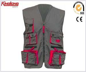 Chaleco de diseño popular con combinación de color gris rojo, chaleco de herramientas de trabajo ropa de trabajo para hombre
