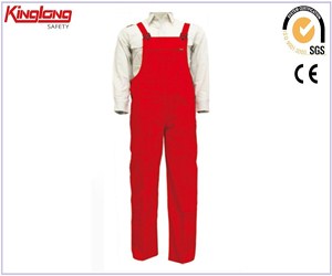 Červené pánské bavlněné kalhoty s náprsenkou klasického stylu, na prodej žhavé designové kombinézy s náprsenkou