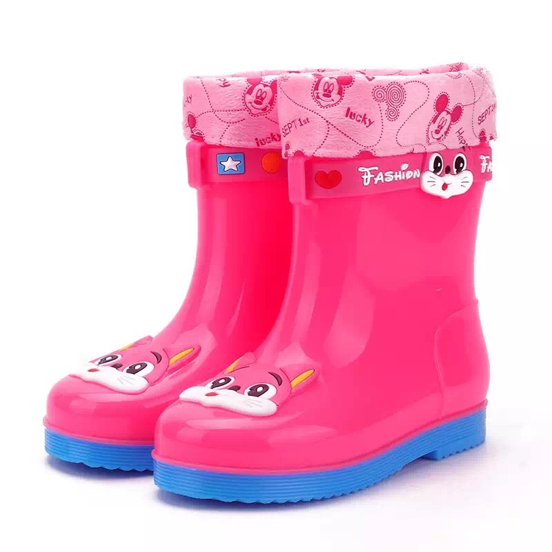 585-P أحذية الفتيات الشتاء الوردي المطر مع بطانة الفراء
