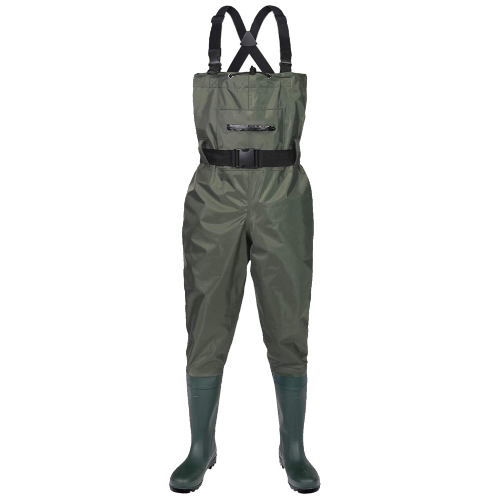 CW002 Front zipper pocket men nylon PVC water proof fishing wader chest wader with pvc boots