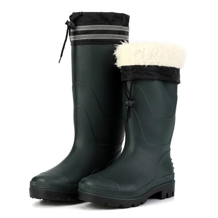 SQ-1618 Green non safety water proof winter pvc rain boots with fur lining
