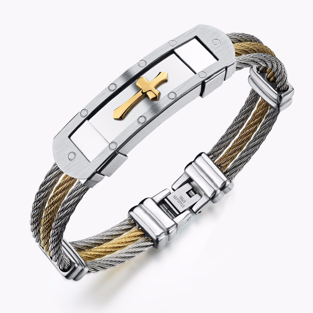 China Jewelry Wholesale Men's Edelstahl Titan Armbänder, Triple Steel Draht Charm Bangles Metal Cross Schnalle