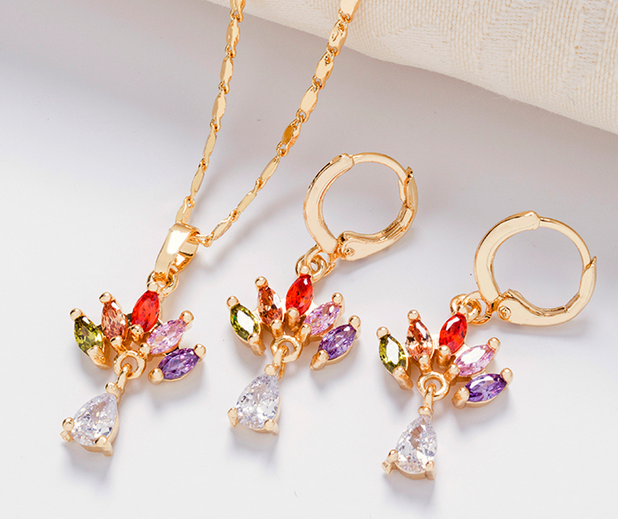 Colorful zircon jewelry set dubai gold plated jewelry, cheap necklace and earrings set manufacturer china