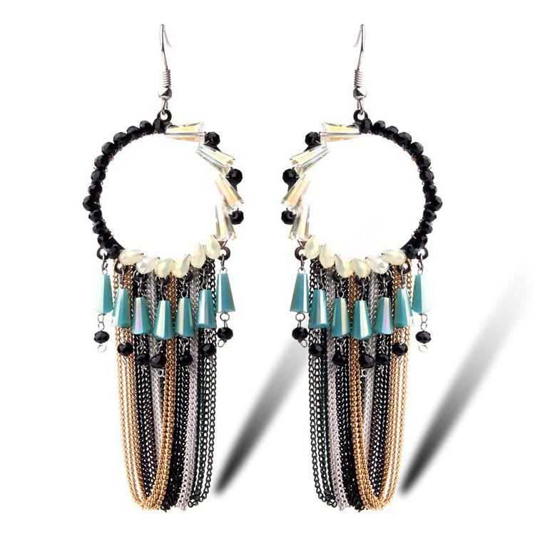 Handmade Crystal Beads Silver Kette Quaste Ohrring, colorful Metal Chains Cluster-Ohrring