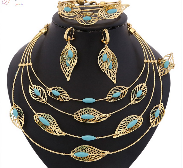 High Quality Fashion Dubai Gold Leaf Design Green Crystal Jewelry Set Supplier from China