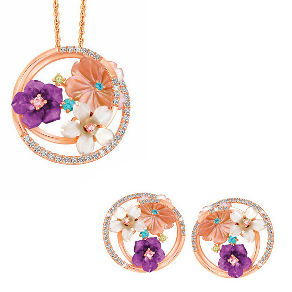 Women Jewelry Alloy Crystal Resin Jewelry Rose Gold Plated Jewelry Necklace Stud Earrings Sets N1010