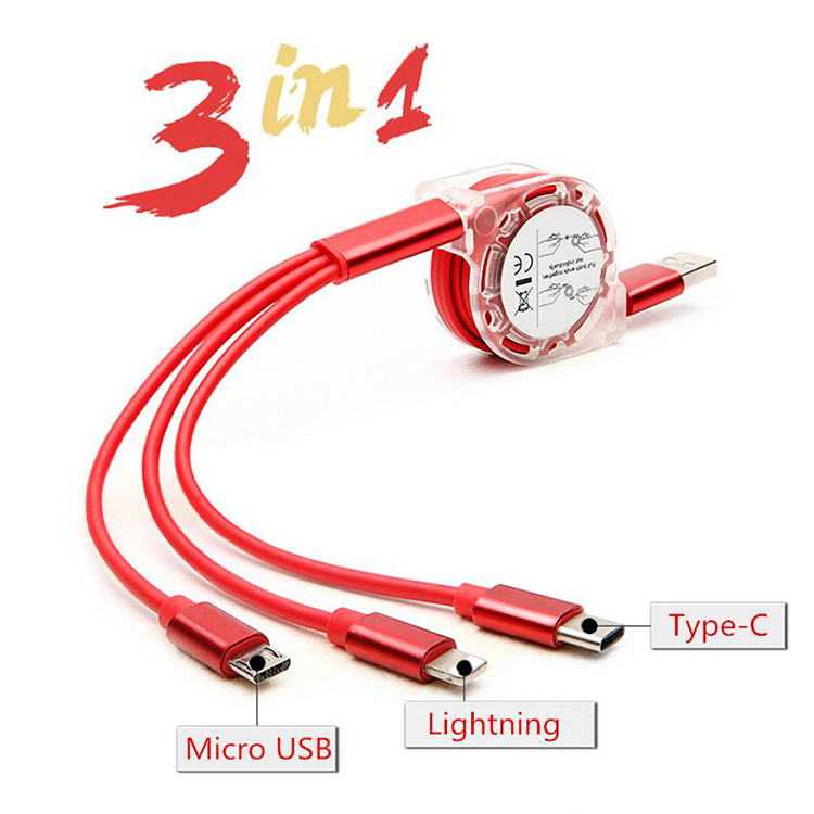 Custom logo multi 3 in 1 retractable  Micro Type c iPhone lightning USB Charging Cable