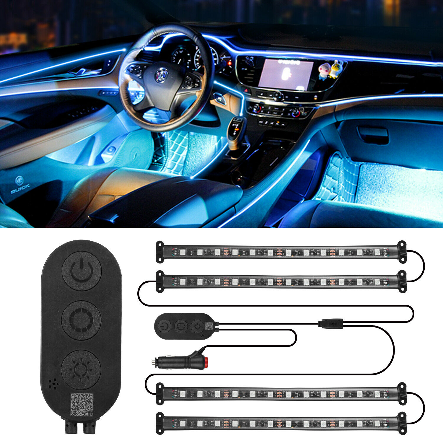 Unionlux Car LED Lights Smart Car Interior Lights with App Control, RGB Inside Car Lights with DIY Mode and Music Mode, 2 Lines Design LED Lights for Cars with Car Charger, DC 12V