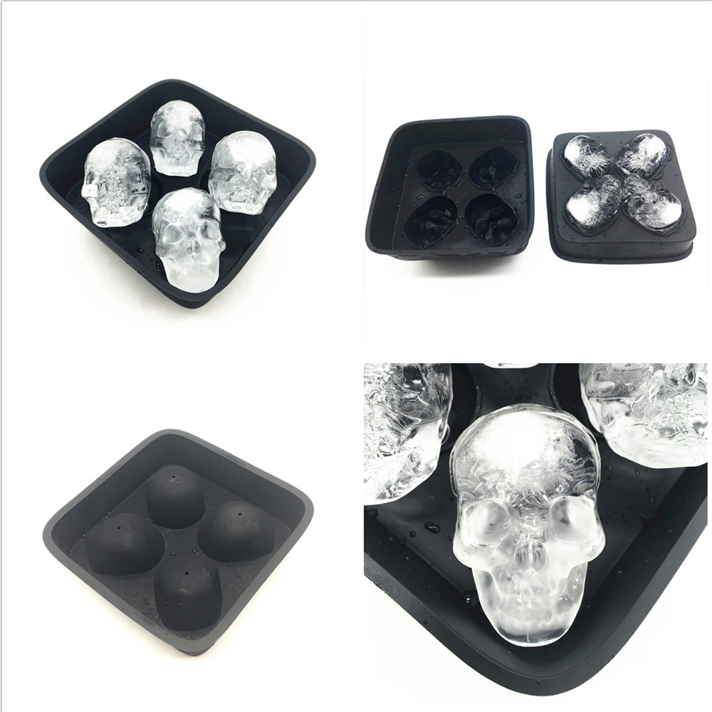3D头骨柔性硅胶冰块模具托盘，制造四个巨型头骨，圆冰块制造商