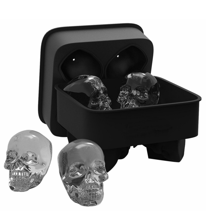 3D Skull Silicone Ice Cube Mold Tray , 4 Cavity  Giant Skulls Shape Ice Cube Maker for Whiskey Ice and Cocktails