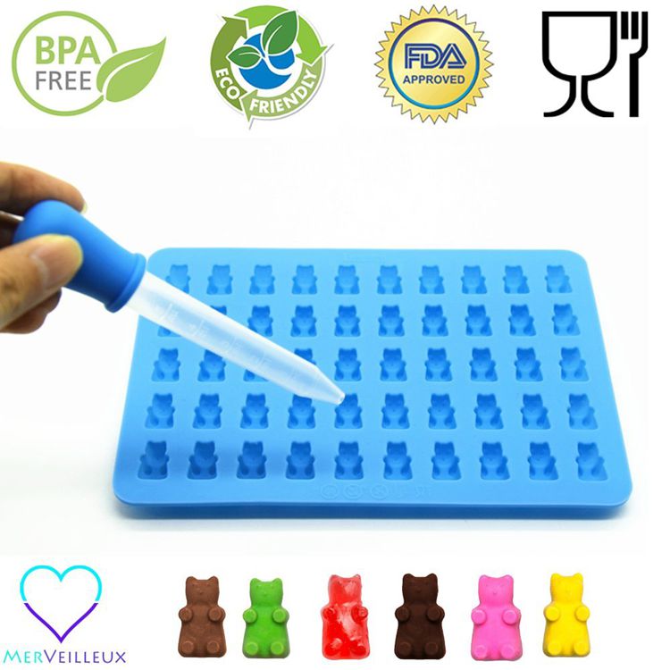 50腔泡沫熊制造商BPA免费硅胶胶囊熊糖模具与滴管
