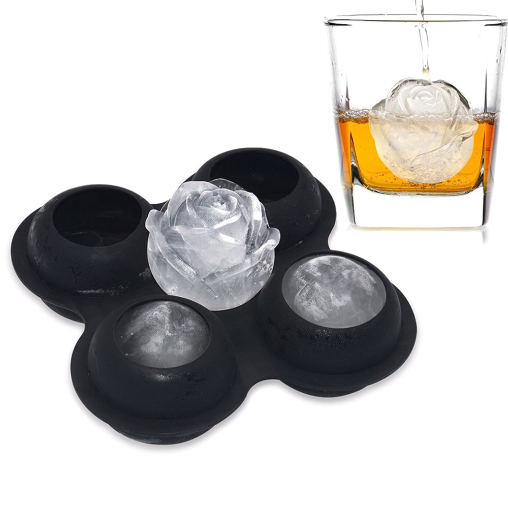BHD BPA Free Easy Release 4 Cavity Whiskey Silicone Rose Ice Ball Maker Mold Large 2.5inch Custom Design Rose Ice Cube Trays